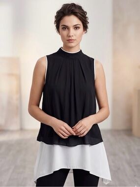 Ashley Stewart Black Sleeveless Mock Neck Layered Camisole with White Hem